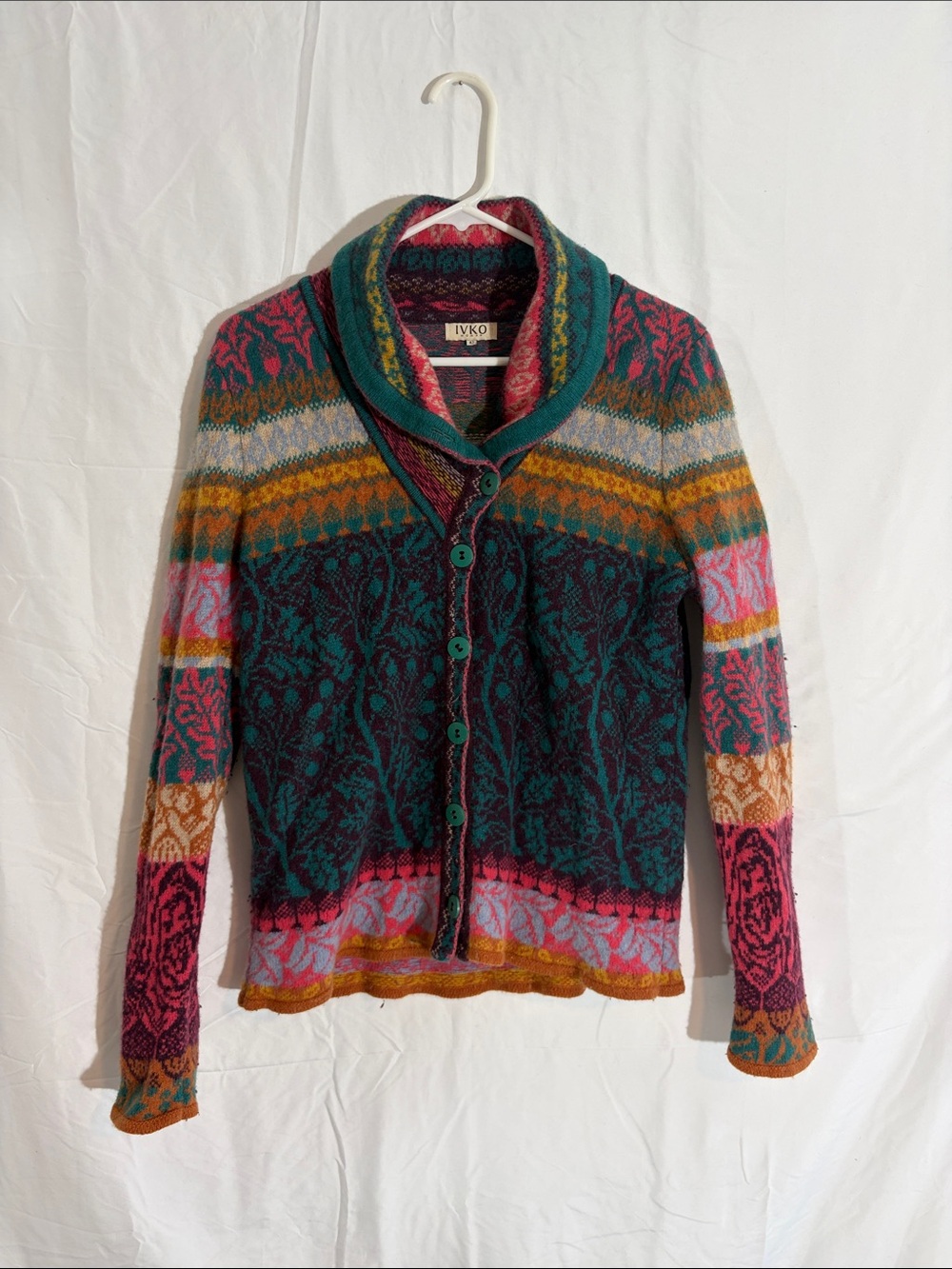 IVKO Multicolor Patterned Shawl Collar Cardigan - Teal, Pink & Gold